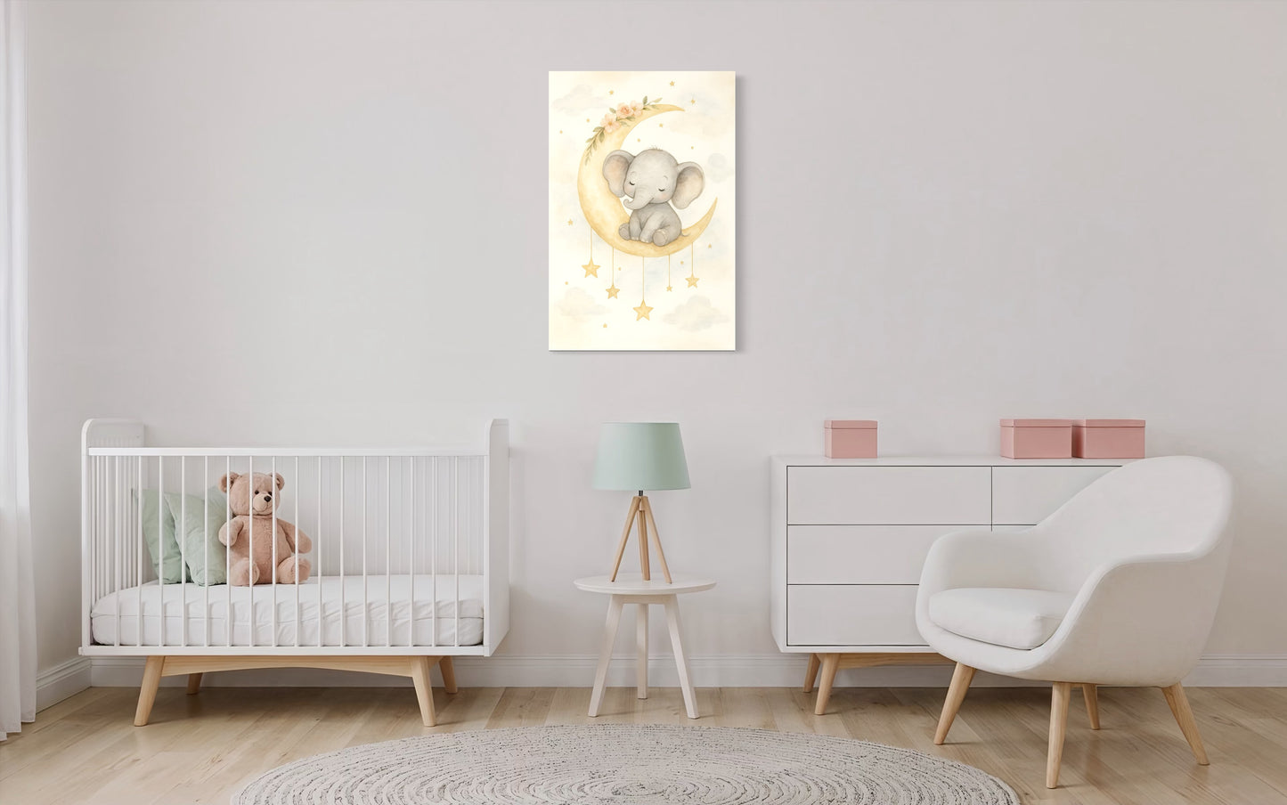 Moonlit Baby Elephant Nursery Wall Art – Framed Print