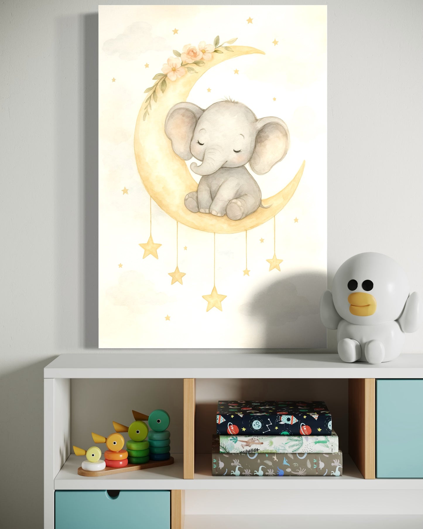 Moonlit Baby Elephant Nursery Wall Art – Framed Print