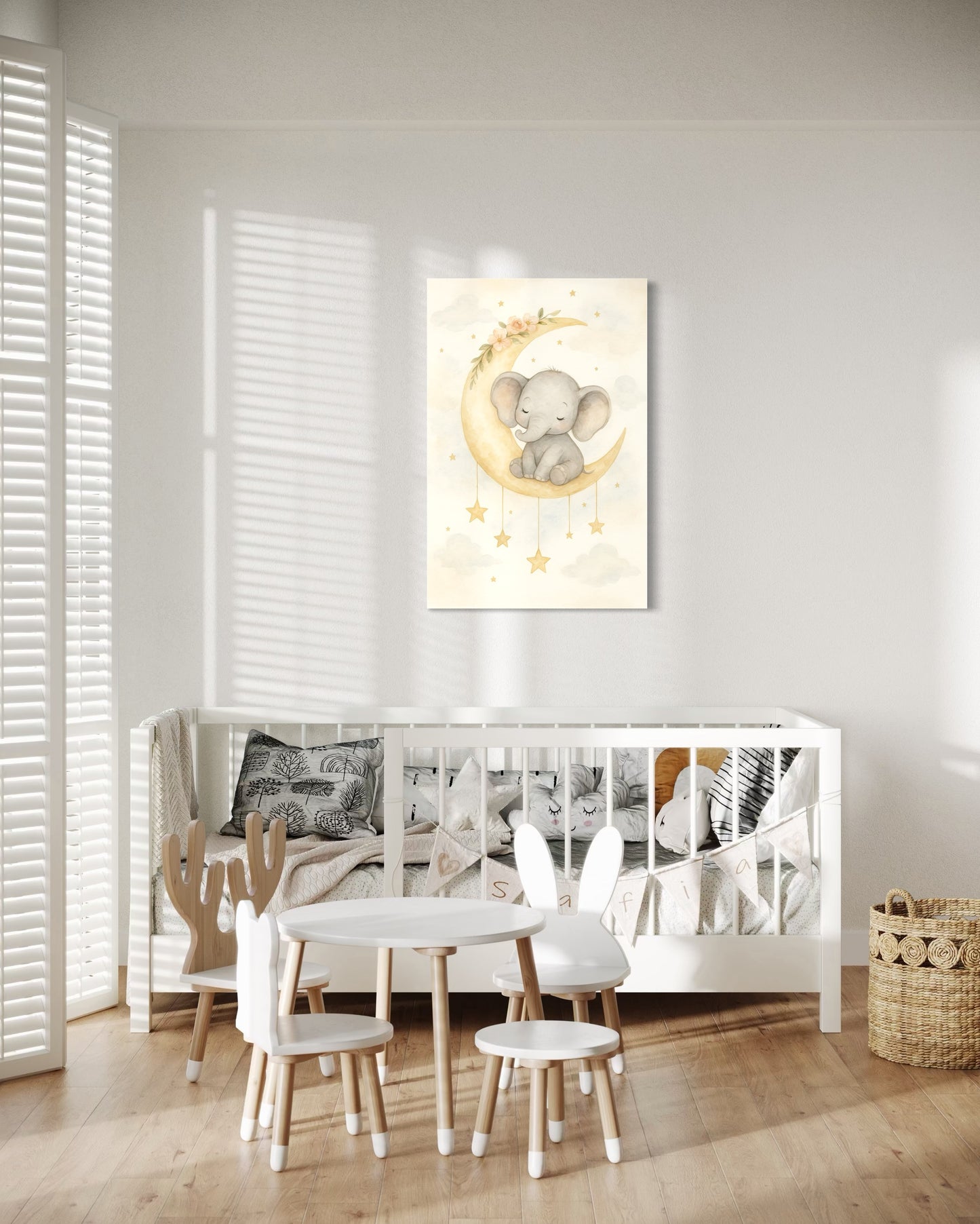 Moonlit Baby Elephant Nursery Wall Art – Framed Print