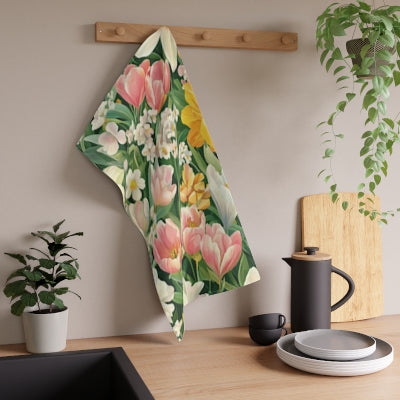 Spring Tulip Floral Tea Towel | Pink Yellow Daffodil Pattern