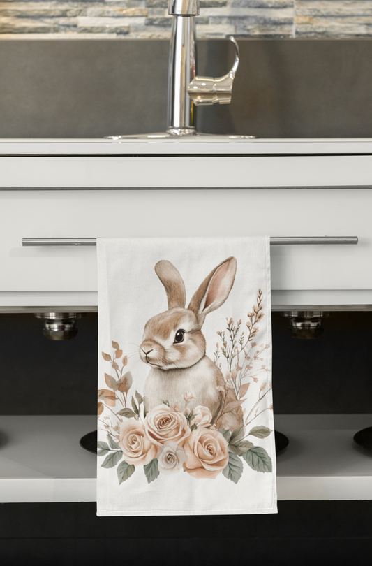 Watercolor Bunny Floral Tea Towel | Spring Kitchen Decor