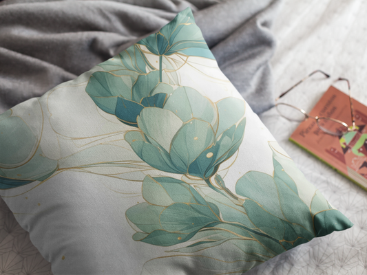 Botanical Teal Floral Square Pillow Cover — Soft Spun Polyester Decorative Throw Pillowcase