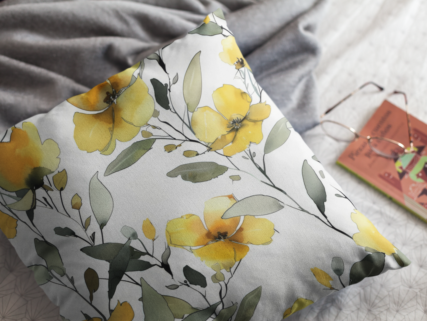 Yellow Floral Pillowcase — Watercolor Blossom Square Throw Pillow Cover