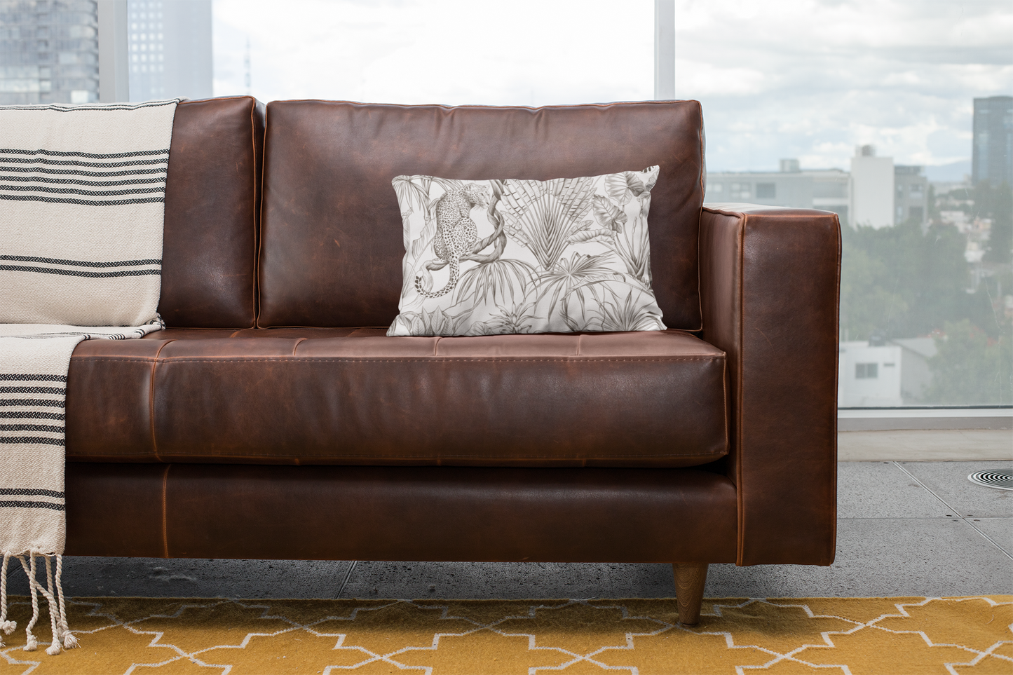 Tropical Leopard Pillowcase — Botanical Black & White Throw Pillow Cover