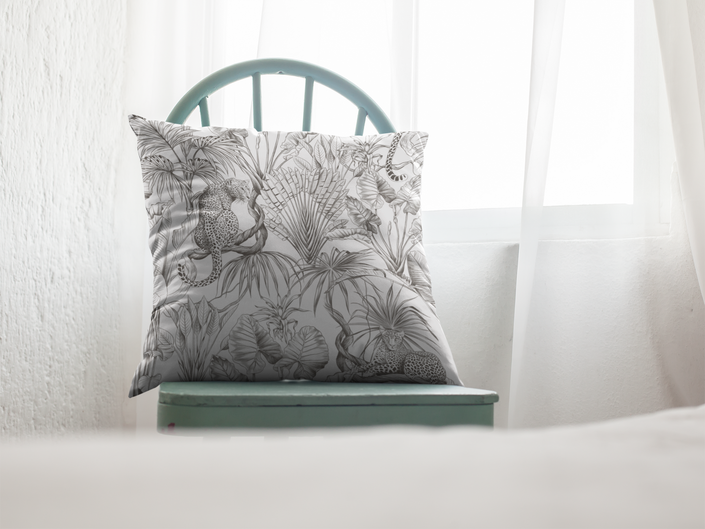 Tropical Leopard Pillowcase — Botanical Black & White Throw Pillow Cover