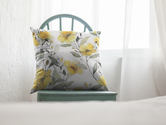 Yellow Floral Pillowcase — Watercolor Blossom Square Throw Pillow Cover