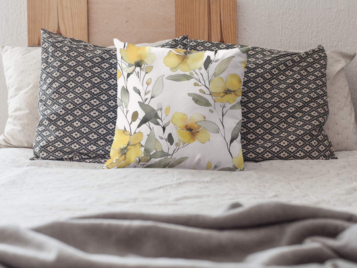 Yellow Floral Pillowcase — Watercolor Blossom Square Throw Pillow Cover
