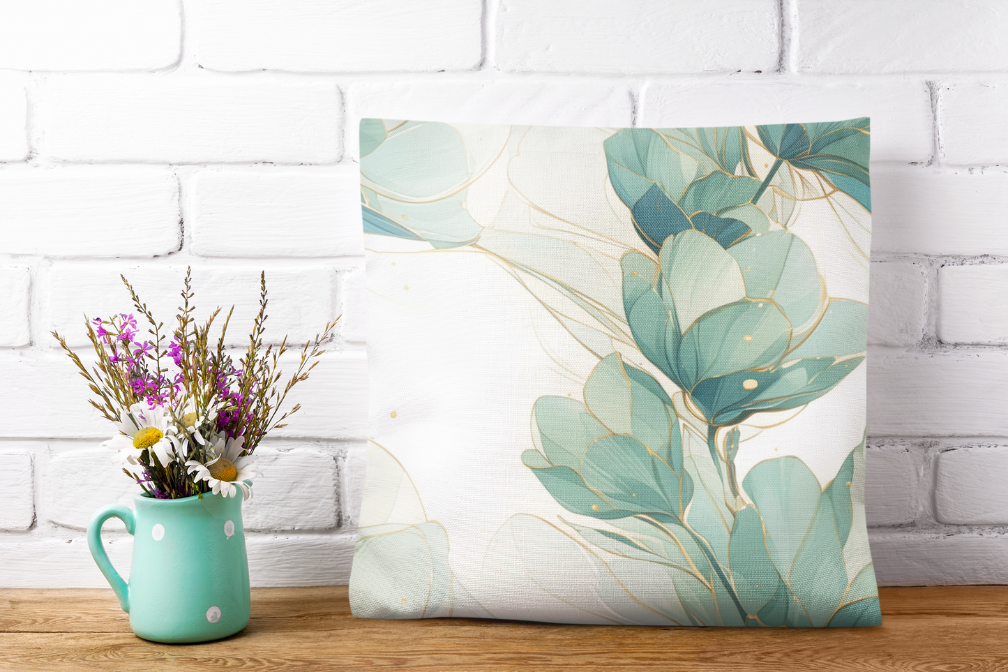 Botanical Teal Floral Square Pillow Cover — Soft Spun Polyester Decorative Throw Pillowcase