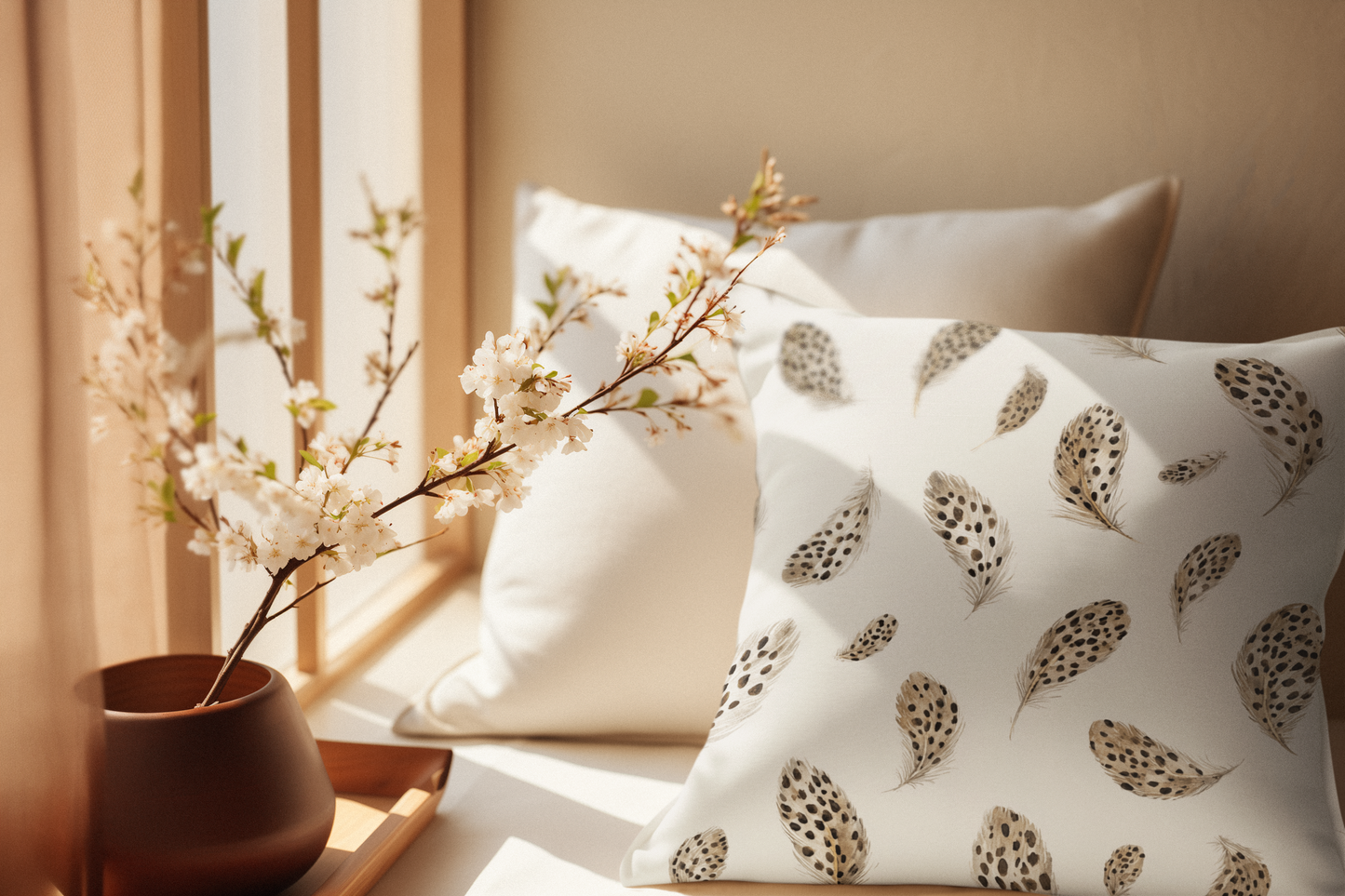 Feather Toss Decorative Pillowcase — Neutral Speckled Feathers Square Throw Pillow Cover