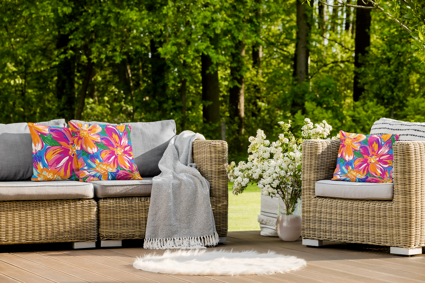 Bright Tropical Floral Outdoor Pillow | Colorful Hibiscus Patio Cushion