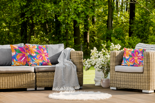 Bright Tropical Floral Outdoor Pillow | Colorful Hibiscus Patio Cushion