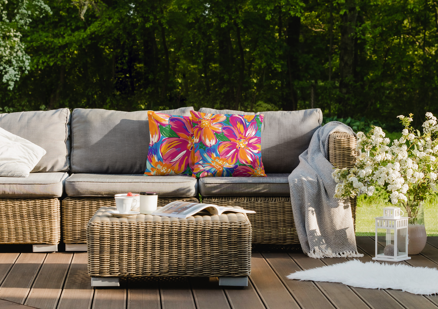 Bright Tropical Floral Outdoor Pillow | Colorful Hibiscus Patio Cushion