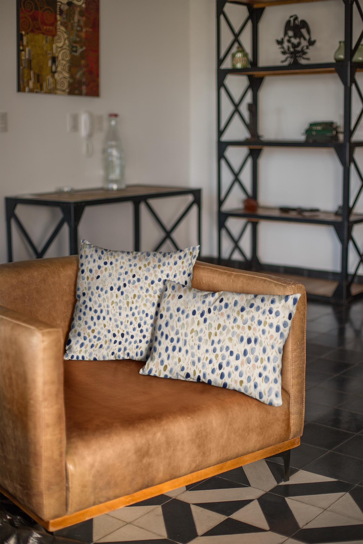 Watercolor Pebble Pattern Pillowcase — Blue & Neutral Square Throw Pillow Cover