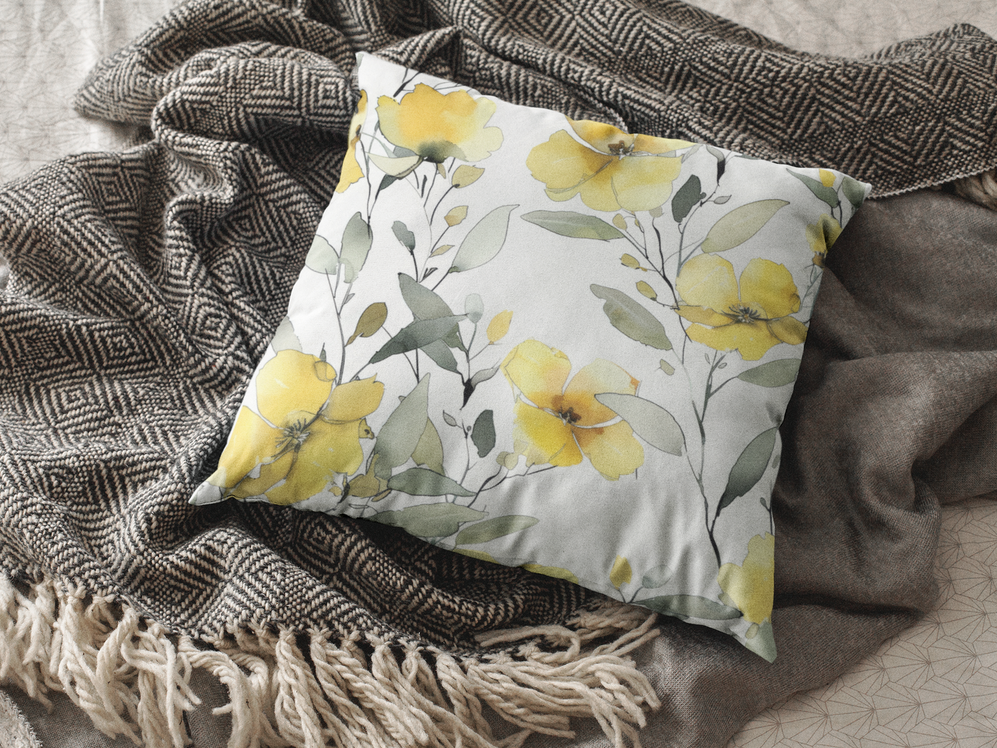 Yellow Floral Pillowcase — Watercolor Blossom Square Throw Pillow Cover