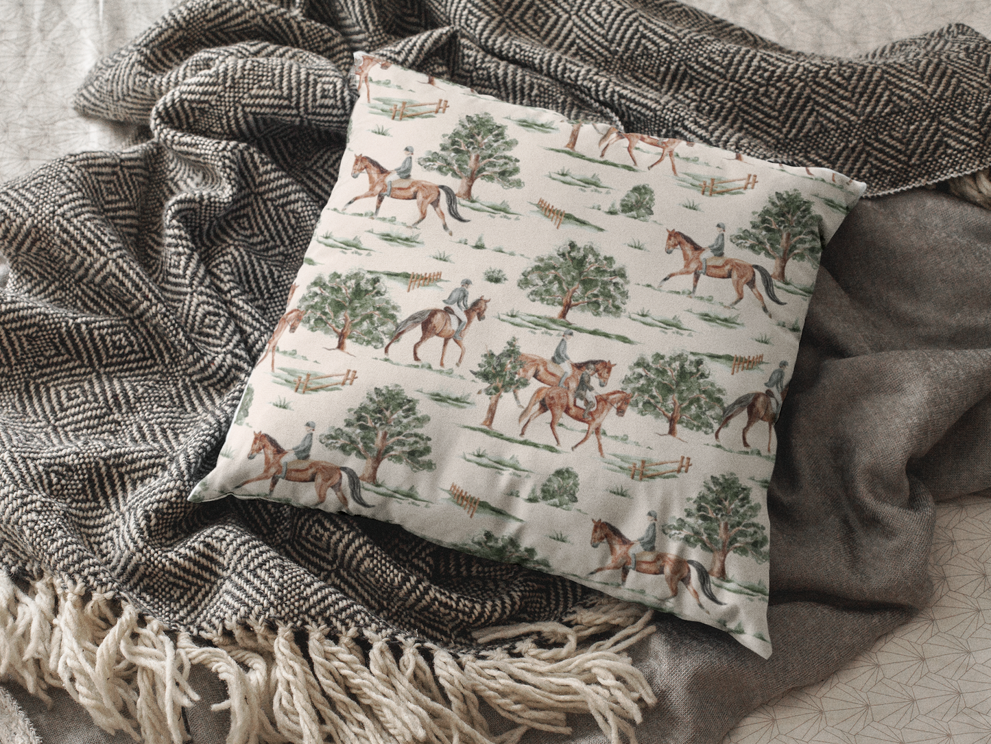 Equestrian Decorative Pillow Cover — Horse Riding Pattern