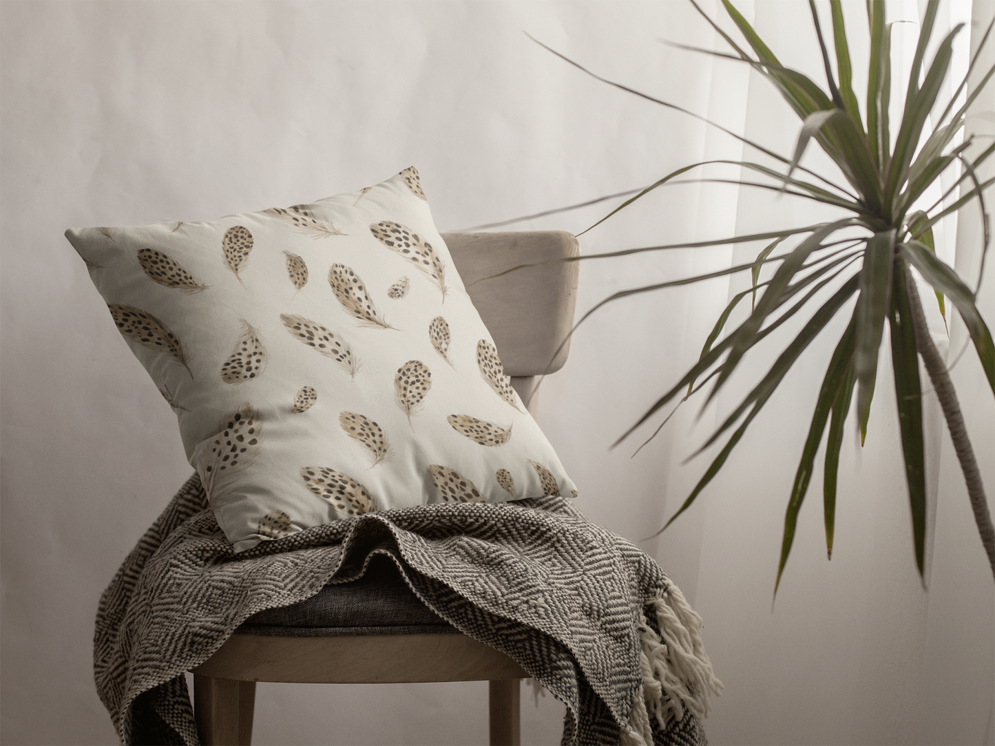 Feather Toss Decorative Pillowcase — Neutral Speckled Feathers Square Throw Pillow Cover