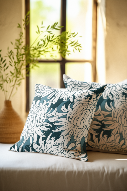 Chrysanthemum Floral Pillowcase — Navy & White Decorative Throw Pillow