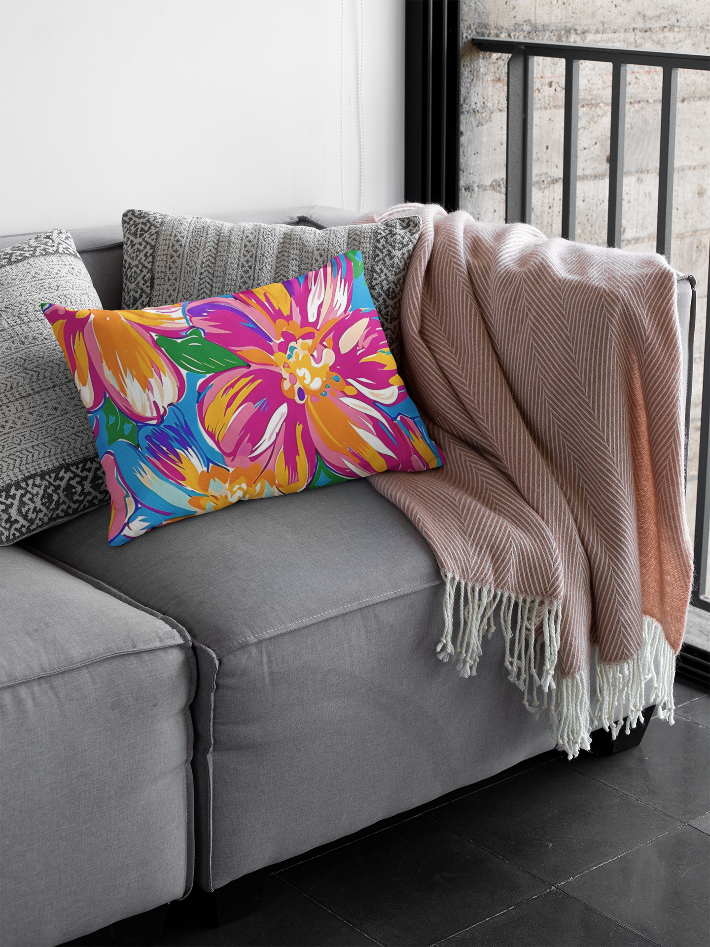Bright Tropical Floral Outdoor Pillow | Colorful Hibiscus Patio Cushion
