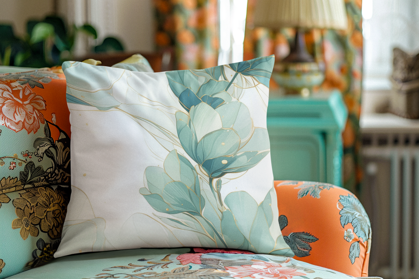 Botanical Teal Floral Square Pillow Cover — Soft Spun Polyester Decorative Throw Pillowcase