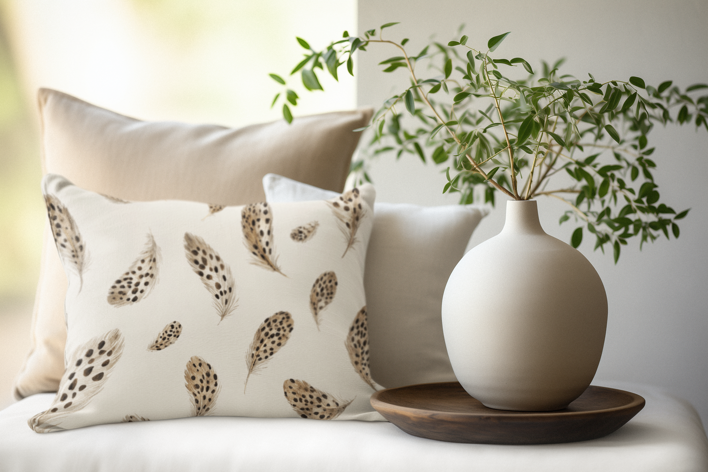 Feather Toss Decorative Pillowcase — Neutral Speckled Feathers Square Throw Pillow Cover